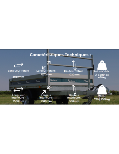 REMORQUE BENNE 1500 KG 250X160 DEBON PW0ECO et...