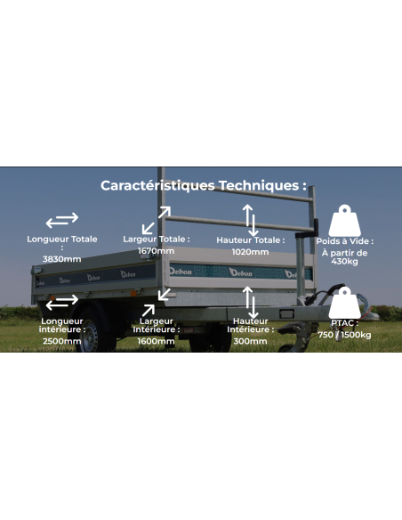REMORQUE BENNE 1500 KG 250X160 DEBON PW0ECO et PW0LUX