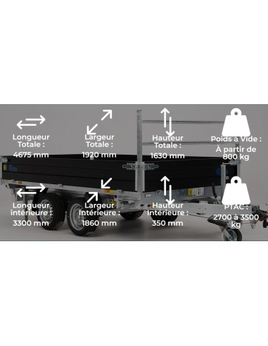 REMORQUE BENNE 3500 KG 330 X 186 TRIBENNE POMPE...