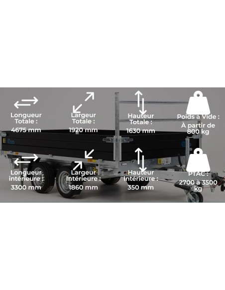 REMORQUE BENNE 3500 KG 330 X 186 TRIBENNE POMPE ELECTRIQUE DEBON BLACK EDITION
