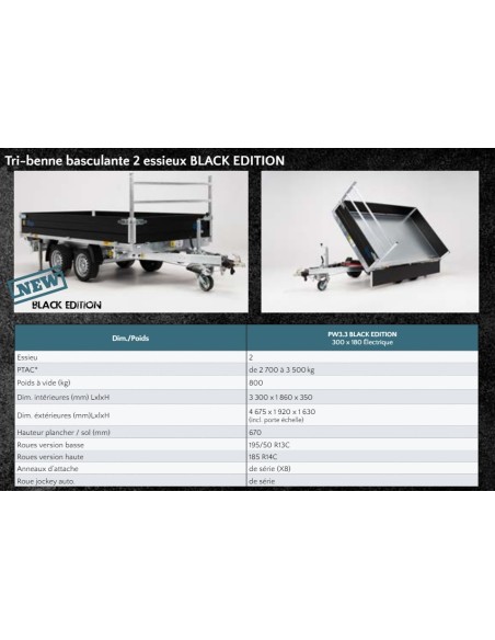 REMORQUE BENNE 3500 KG 330 X 186 TRIBENNE POMPE ELECTRIQUE DEBON BLACK EDITION