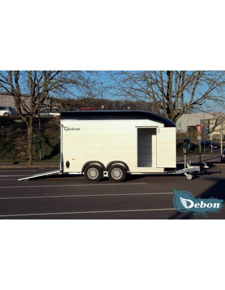 remorque fourgon DEBON aluminium avec 2 essieux et porte latérale